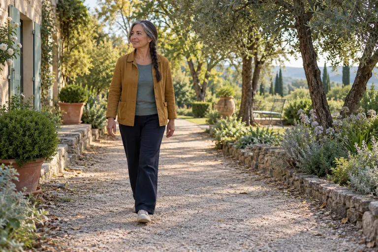 Une femme marche tranquillement dans un jardin