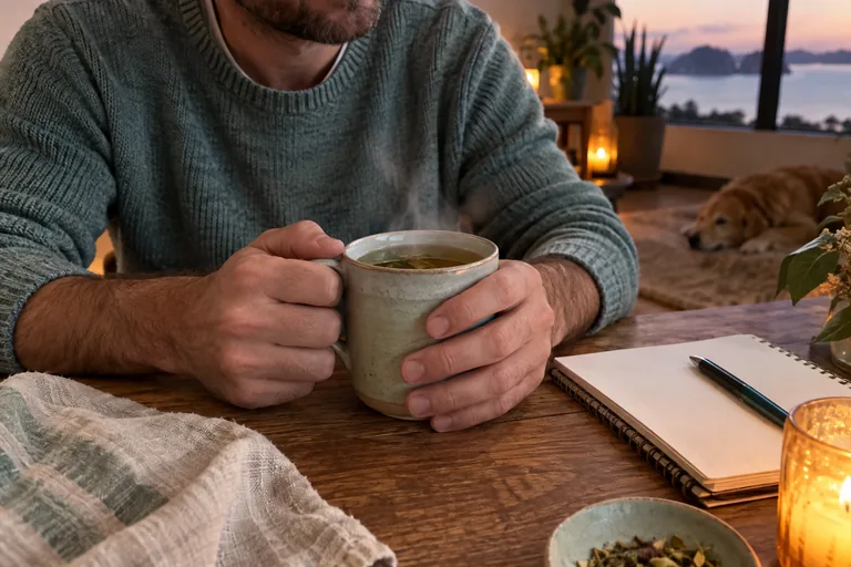 Un homme tient une tasse de tisane chaude à deux mains sur une table en bois, un carnet ouvert à côté de lui