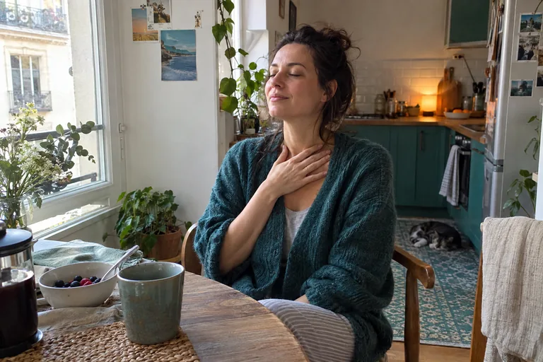 Une femme assise dans sa cuisine, une main posée à la base du cou, expire lentement les yeux fermés