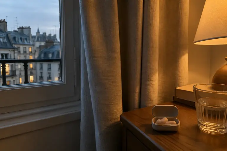Des rideaux épais près d’une fenêtre fermée et un petit étui de bouchons d’oreille sur une table