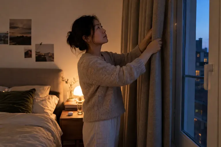 Une femme ajuste les rideaux de sa chambre à la tombée du jour