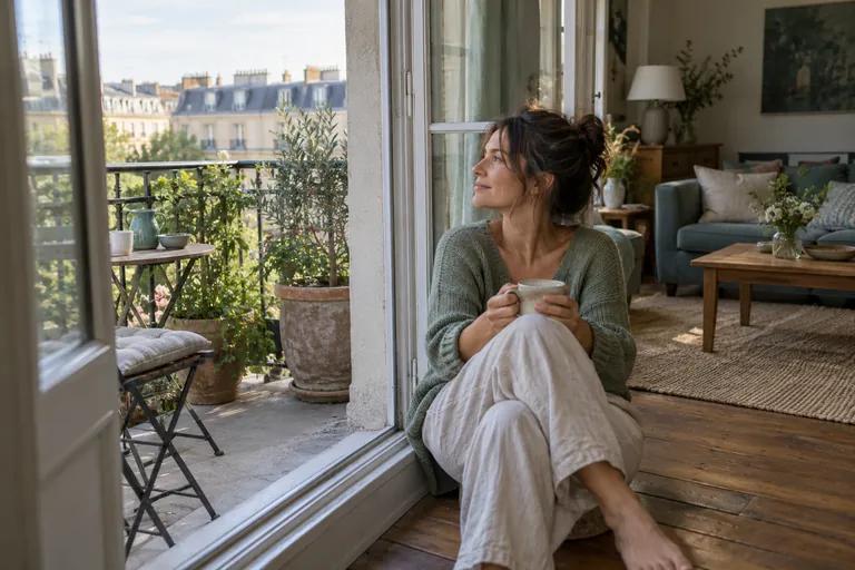 Une femme tient une tasse assise près d’une porte-fenêtre