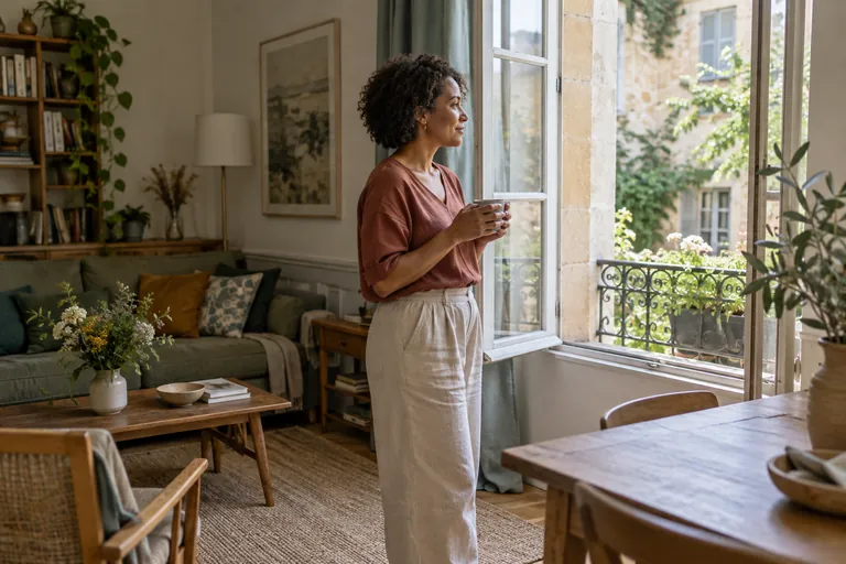 Une femme debout tient une tasse près d’une fenêtre ouverte