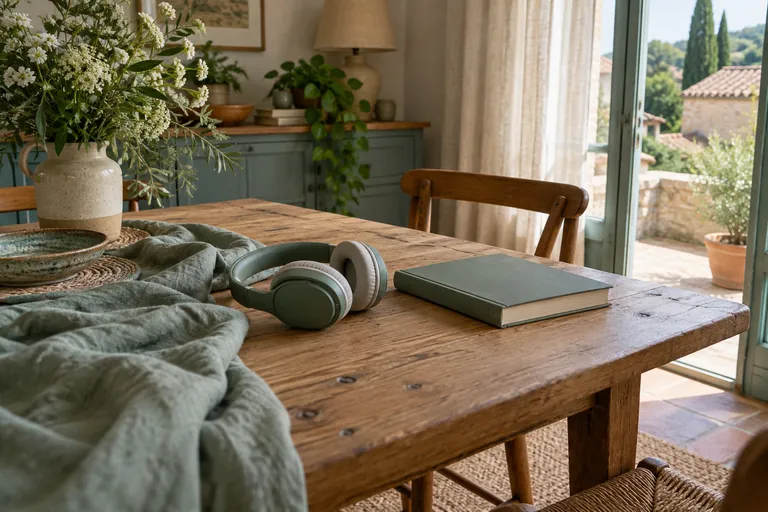 Un casque audio et un livre fermé sont posés sur une table
