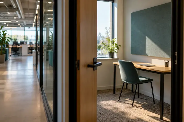 Une petite salle de concentration séparée du passage par une porte, avec un bureau et un panneau acoustique