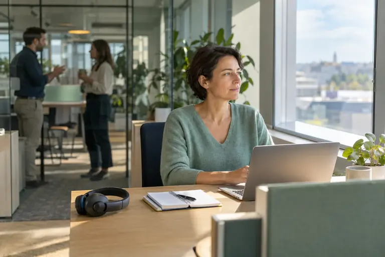Une femme travaille près d’une fenêtre dans un bureau séparé des conversations par une cloison vitrée