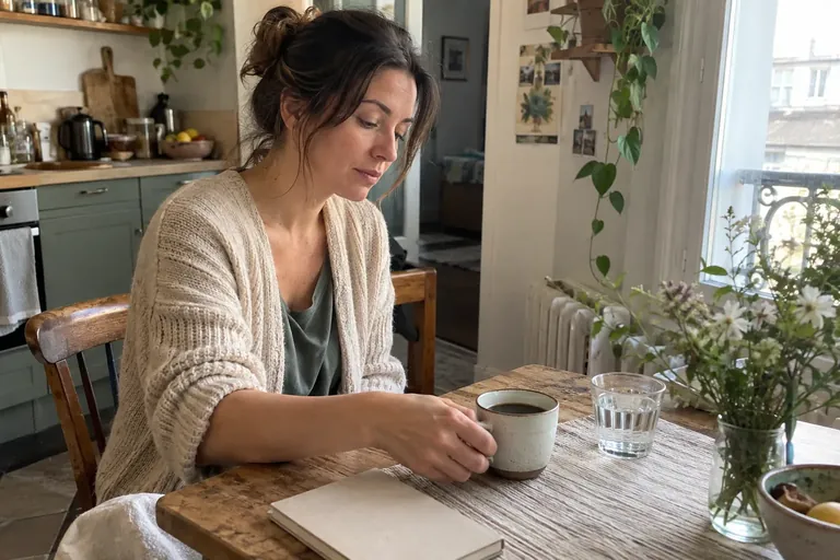 Une femme pose une tasse de café près d’un verre d’eau à sa table de cuisine