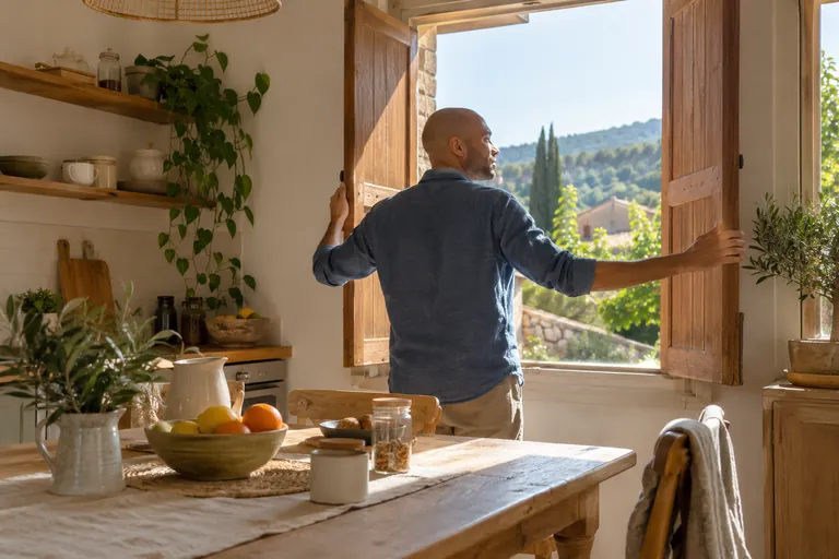 Un homme ouvre les volets d’une cuisine