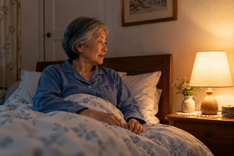 Une femme âgée assise dans son lit regarde une lampe allumée