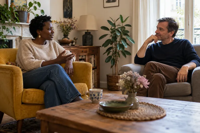 Deux adultes parlent, assis dans des fauteuils séparés