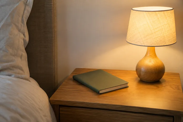 Une lampe allumée et un carnet fermé reposent sur une table de chevet