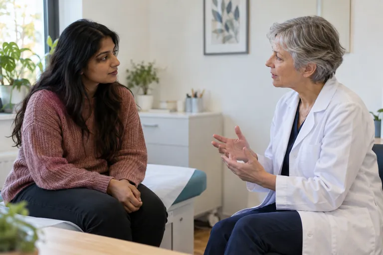 Une professionnelle de santé échange avec une femme dans un cabinet