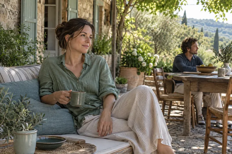 Une femme est assise à l’ombre sur une terrasse