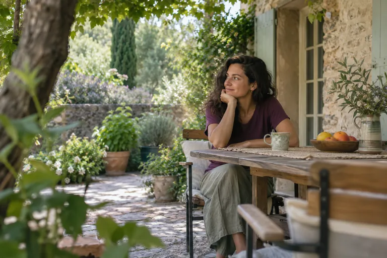 Une femme fait une pause à une table extérieure