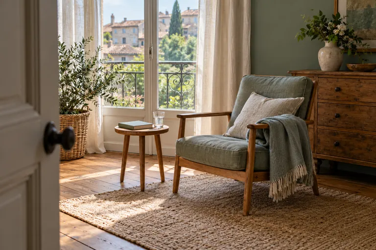 Un fauteuil vide et une petite table près d’une fenêtre