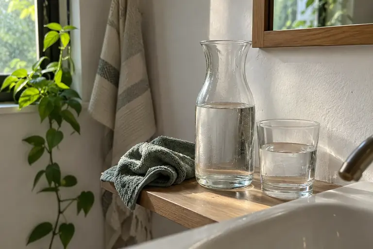 Un linge humide plié près d’une carafe et d’un verre d’eau sur une étagère de salle de bain