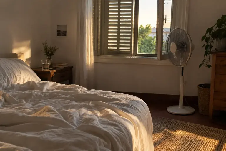 Une chambre avec un drap léger, des volets et un ventilateur éloigné des rideaux