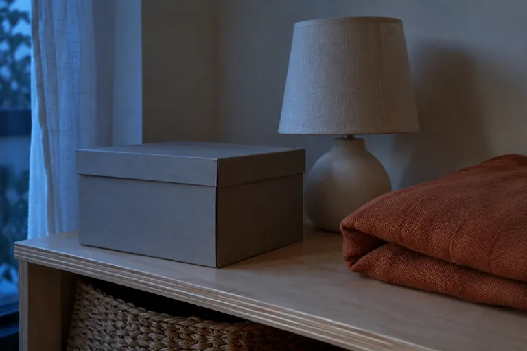 Une boîte fermée, une lampe éteinte et du tissu plié reposent sur une étagère.