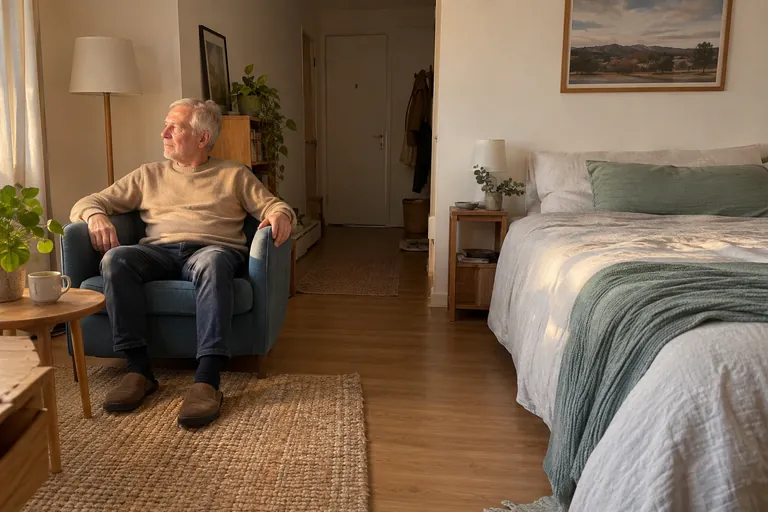 Un homme assis dans un fauteuil regarde par la fenêtre d’une chambre.