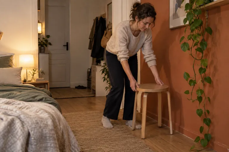 Une femme place un tabouret contre le mur d’une chambre.