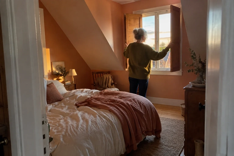 Une femme aux cheveux blancs ouvre les volets d’une chambre mansardée