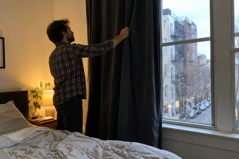 Un homme ferme un rideau dans une chambre donnant sur la rue