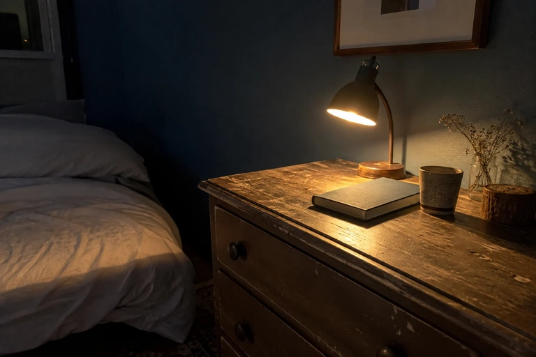 Une petite lampe éclaire un livre fermé sur une commode en bois