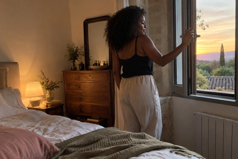 Une femme entrouvre une fenêtre dans une chambre de campagne