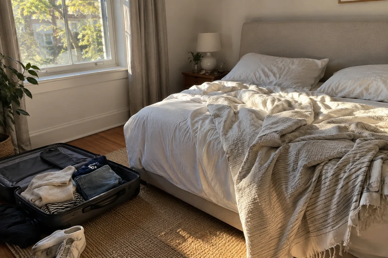 Un lit simple avec deux oreillers et une couverture légère dans une chambre
