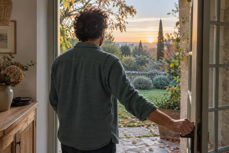 Un homme ouvre une porte donnant sur un jardin au lever du jour