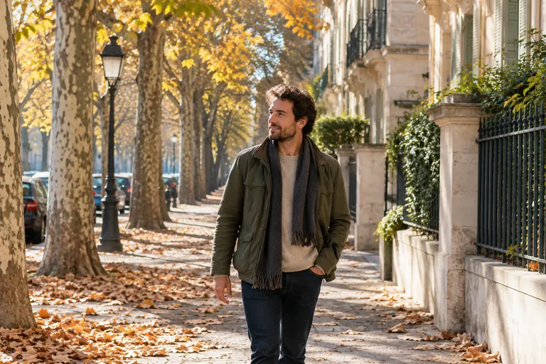 Un homme marche sur un trottoir bordé d’arbres aux feuilles d’automne