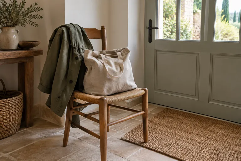 Un sac en toile et une veste sont posés sur une chaise près d’une porte