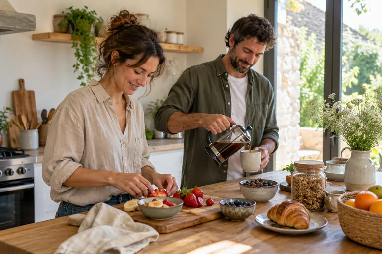 Deux adultes préparent un petit déjeuner dans une cuisine lumineuse