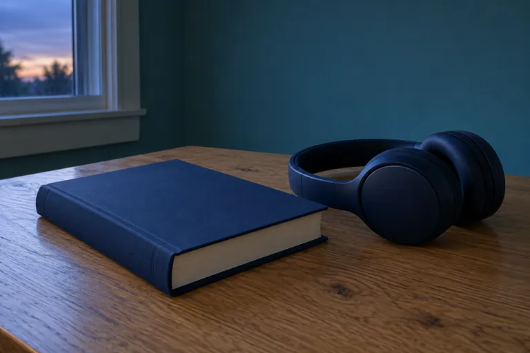 Un livre bleu fermé et un casque audio uni reposent sur une table au crépuscule