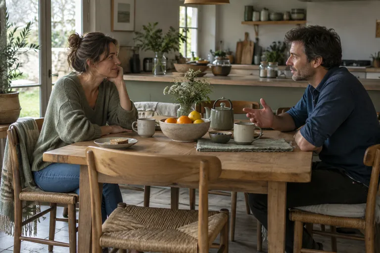 Une femme et un homme discutent autour d’une table dans une cuisine