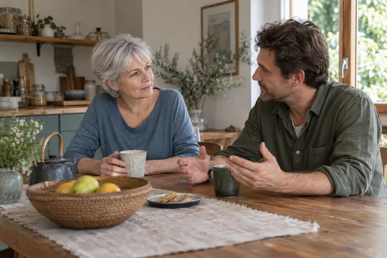 Une femme aux cheveux gris écoute un homme à la table de cuisine