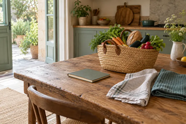 Un panier de courses, un carnet et des torchons reposent sur une table