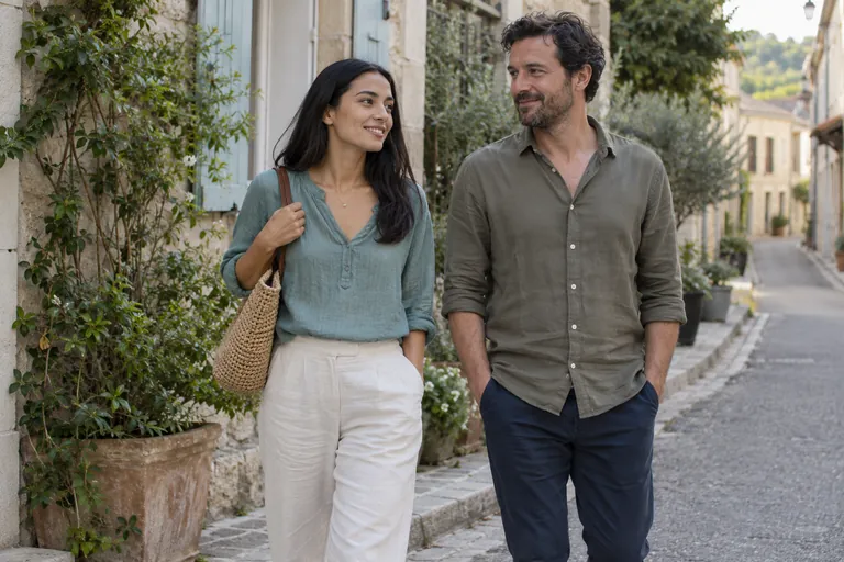 Une femme et un homme marchent ensemble dans une rue