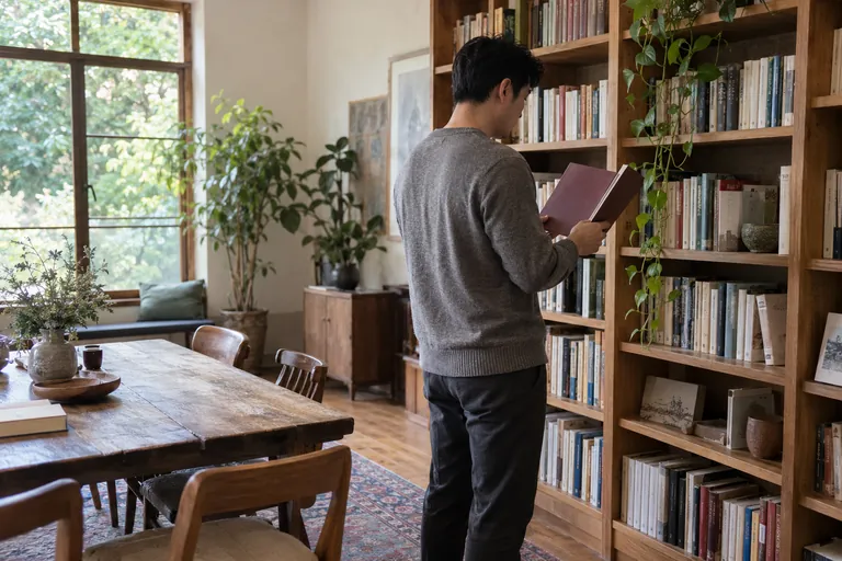 Un homme feuillette un livre debout devant une bibliothèque.