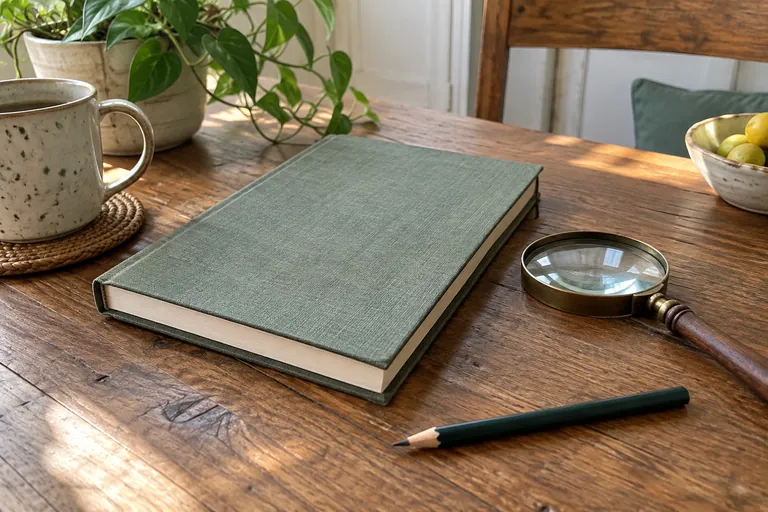 Un livre fermé, une loupe et un crayon reposent sur une table.