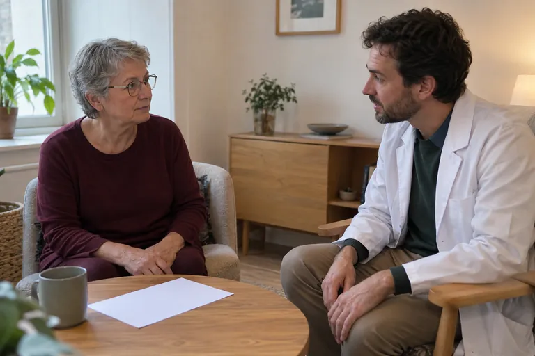 Une femme échange avec un homme en blouse blanche, assis face à elle.