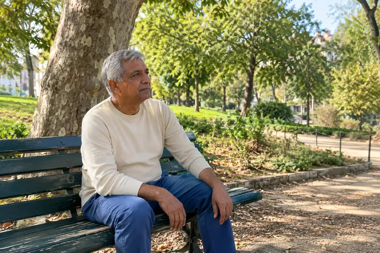 Un homme est assis sur un banc dans un parc arboré.