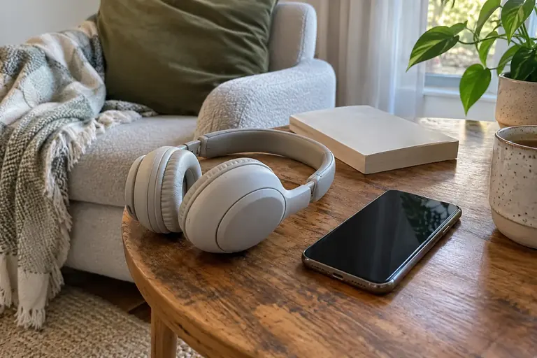 Un casque posé près d’un téléphone à écran éteint et d’un livre fermé, avec un fauteuil à l’arrière-plan
