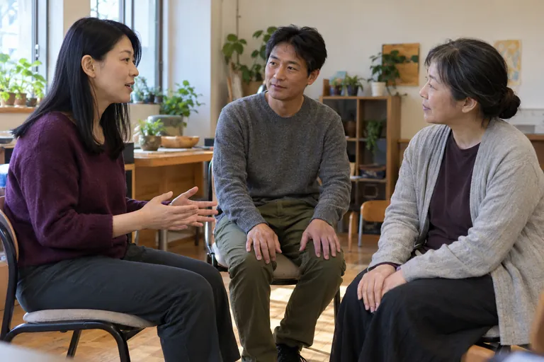 Trois adultes assis en cercle discutent dans une salle lumineuse.