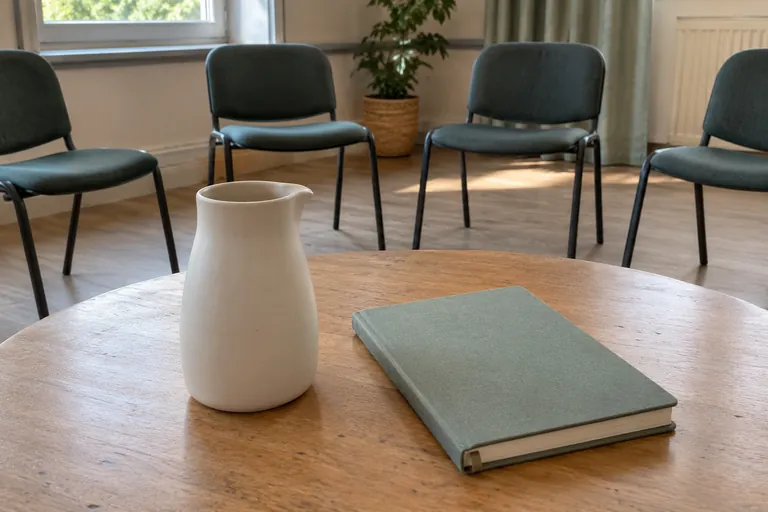 Un carnet fermé et une carafe sont posés devant des chaises disposées en cercle.