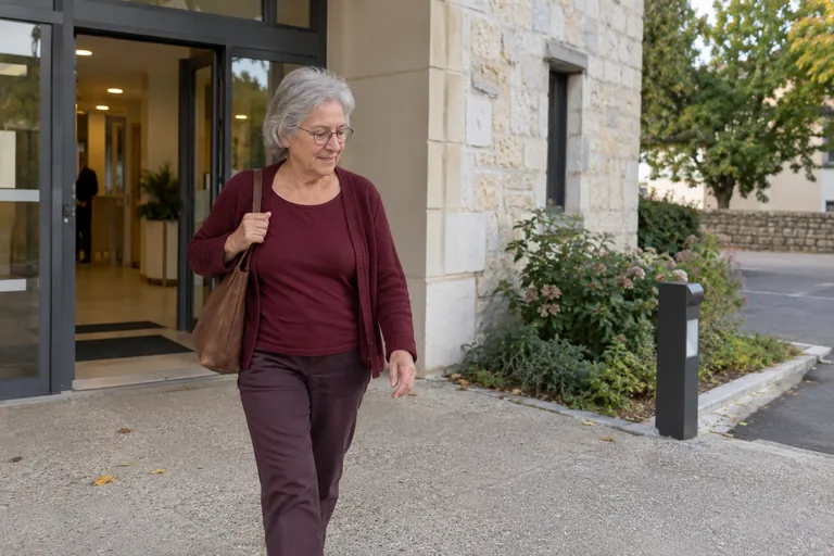Une femme sort d’un bâtiment avec un sac à l’épaule.