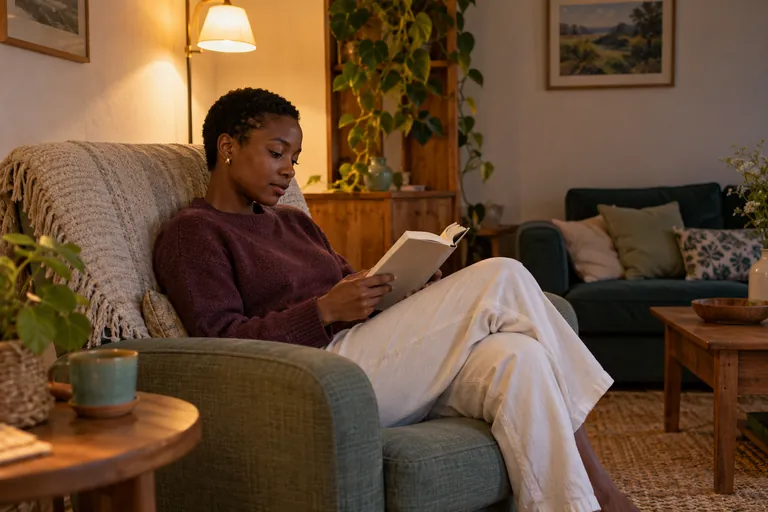 Une femme lit un livre dans un fauteuil sous une lumière du soir