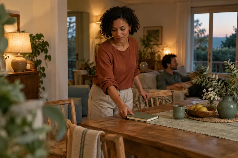 Une femme pose un carnet fermé sur une table en bois