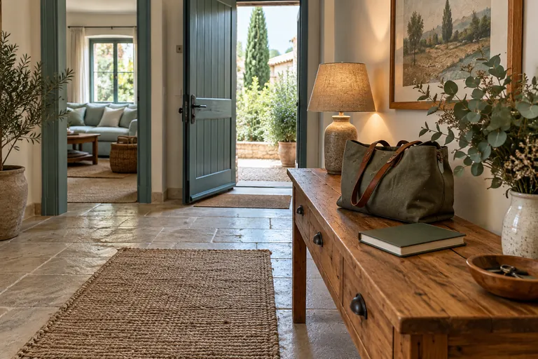 Un carnet fermé et un sac vert reposent sur un meuble d’entrée
