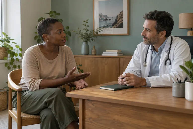 Une femme échange avec un médecin à une table